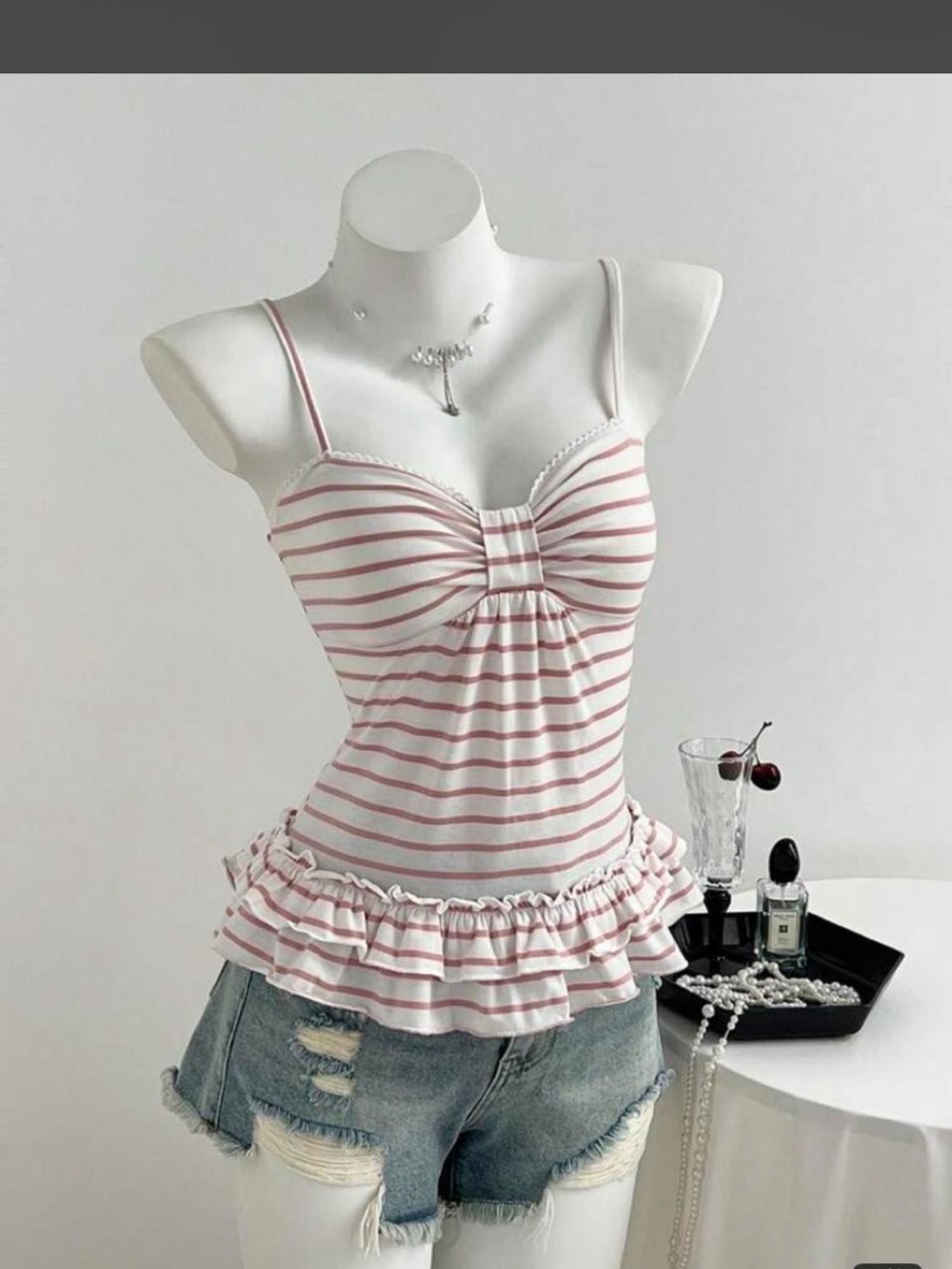 SHEIN Pink & White Striped Ruffle Hem Camisole